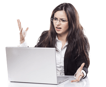 a confused looking woman in front of a notebook