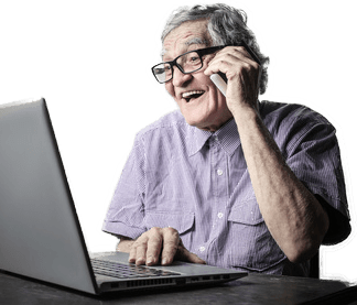 happy old lady in front of a notebook