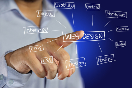 ein Finger klickt das Wort webdesign auf einer Graphik an